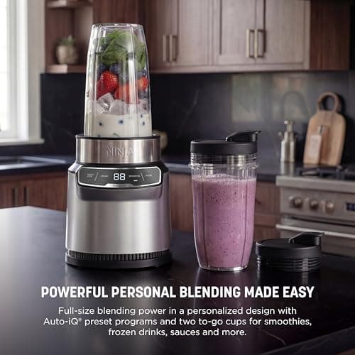 Ninja Nutri-Blender Pro with Auto-iQ | For Smoothies, Shakes, Frozen Drinks, Salsa, Dips | (2) 24-oz. To-Go Cups & Spout Lids | 1100-Peak-Watt | Silver | BN401