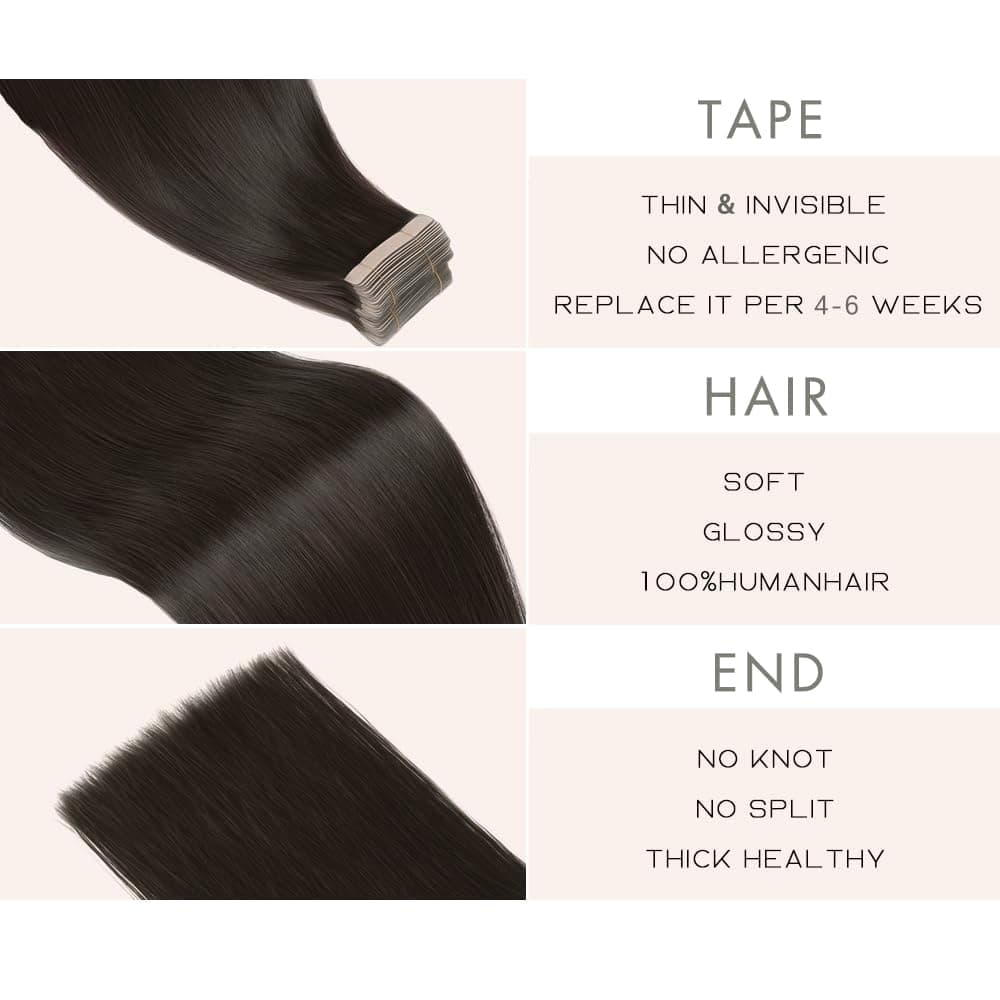 YDDM Extensiones Adhesivas Pelo Natural 20pcs 35cm 40g Negro - Extensiones De Cabello Humano (14 Pulgadas, 1B#) — view 3