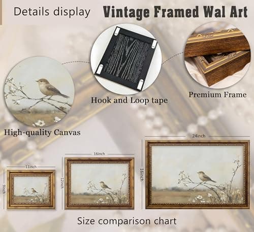 Vintage Gold Framed Bird Wall Art Spring Songbird on Floral Branch Painting Canvas Rustic Nature Woodland Picture Wall Decor Muted Farmhouse Print Artwork For Living Room Bedroom Entryway — view 4