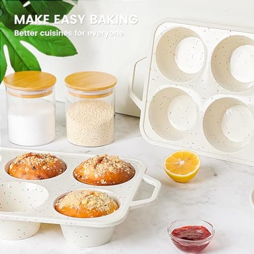 Vinino Jumbo Muffin Pan with Metal Reinforced Frame-2Pack, Silicone Cupcake Pan for Baking 6 Cup Jumbo Size, BPA Free Silicone Muffin Tray, Cupcake Baking Pan Molds for Oven Dishwasher Safe-Cream — view 4