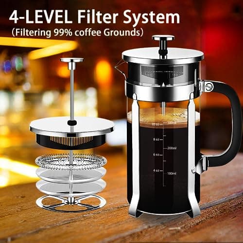 YMMIND French Press Coffee Maker 304 Stainless Steel Coffee Press,with 4 Filters System, Heat Resistant Thickness Borosilicate French Press Glass, BPA-Free Brewed Tea Pot Coffee Plunger(Copper 12oz)