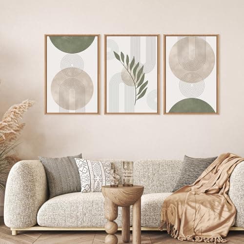 HPNIUB HPINUB Sage Green Framed Canvas Prints Wall Art Set, Abstract Botanical Boho Wall Decor, Minimalist Geometric Line Leaf Canvas Artwork for Living Room, Bedroom, Dining Room, Office, Bathroom - — view 3