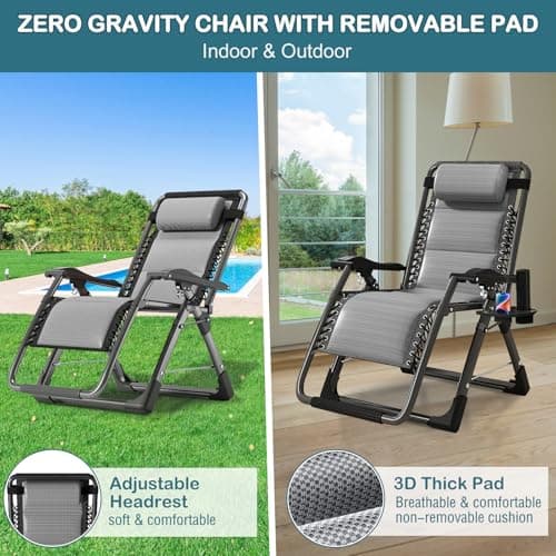 NAIZEA Padded Zero Gravity Chair, Cooling Fabric Folding Outdoor Lounge Chairs, Adjustable Reclining Camping Chairs with Cup Holder, Ergonomic Patio Lawn Chair for Balcony Beach Deck Yard — view 4