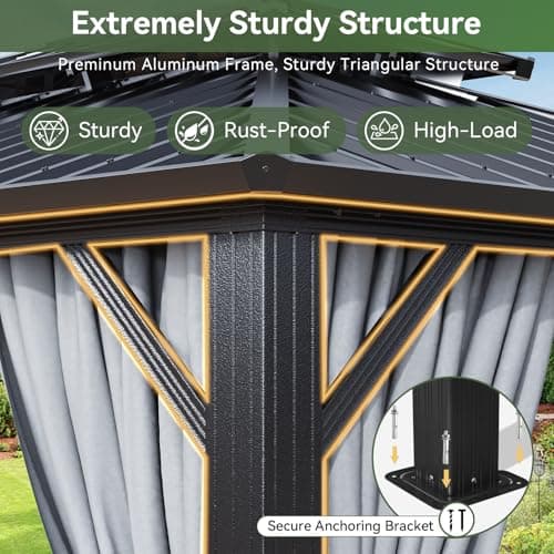 Aoxun 10x12 Gazebo Hardtop Gazebo with Double Galvanized Steel Roof Outdoor Pavilion with Breathable Netting and Privacy Curtain for Backyard (Gray) — view 8