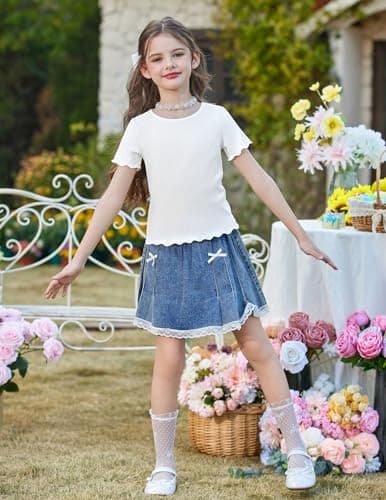Arshiner Girls Lettuce Trim Short Sleeve Shirts Summer Rib Knit Slim Fit Tops Basic Tee 2026 Outfits Casual T-Shirt Tops Tee Blouse White 7-8 Years