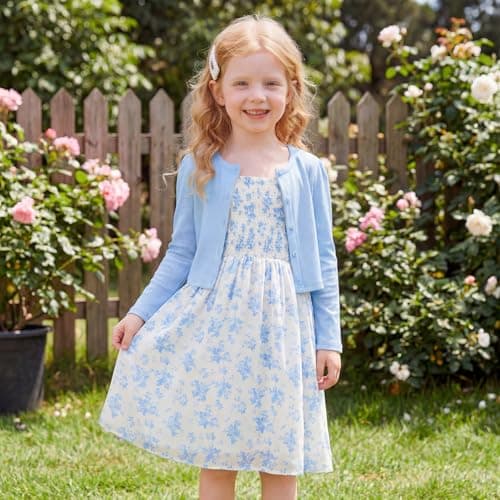 JiAmy Girl Dress and Cardigan 2Pcs Sets Toddler Summer Sleeveless Butterfly Floral Print A-line Dresses with Long Sleeve Coat Kids Casual Clothes for Girls 7-8 Years Blue — view 2