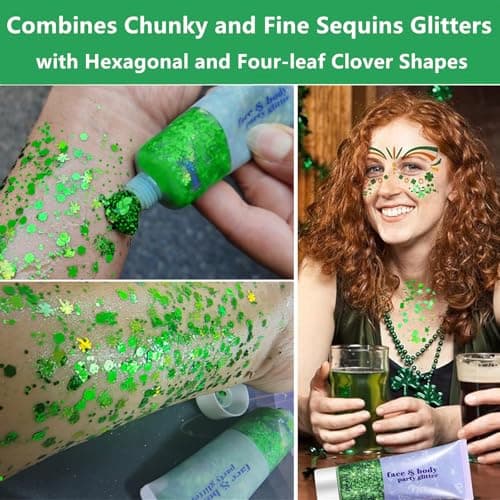 Go Ho Shamrock Face Body Glitter,St Patricks Day Hair Glitter Makeup,Self Adhesive Holographic Green Chunky Sequins Glitters,Irish Festival Four Leaf Clover Green Accessories — view 2