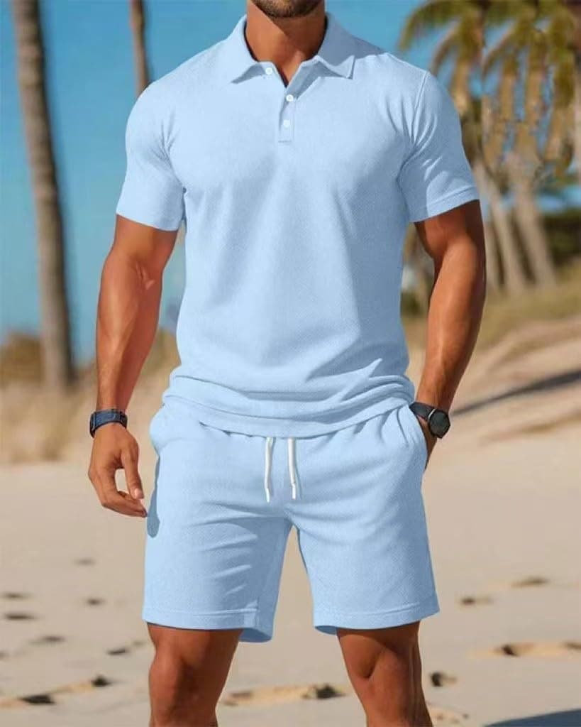 Conjunto de 2 piezas para hombre, camiseta polo y pantalones cortos, conjunto deportivo deportivo para correr y verano — view 5
