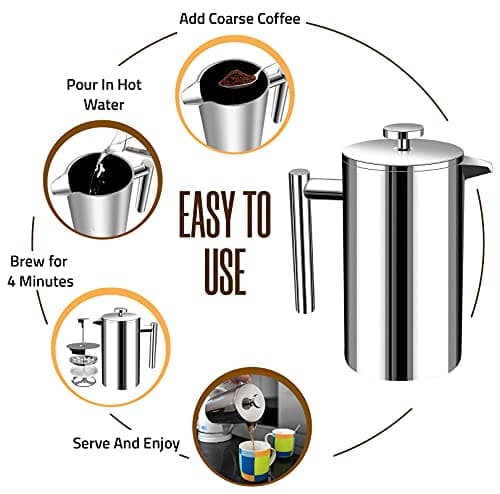 KICHLY - 17 Oz French Press, Stainless Steel Double Walled Insulated Coffee Press with Refined Filters, Espresso and Tea Maker - Silver — view 2