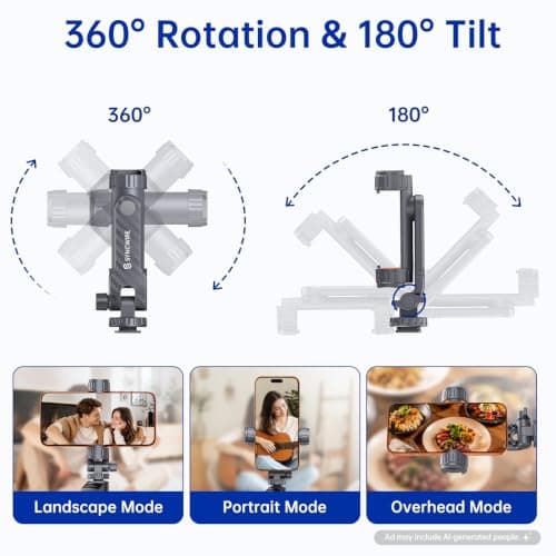 SYNCWIRE Tripod Phone Mount, Universal Smartphone Mount Adapter with 2 Cold Shoe and 1/4" Screw, 360° Rotates and 180° Tilts Adjustable Cell Phone Clamp Holder for Enhancing Mobile Photography Setup — view 3