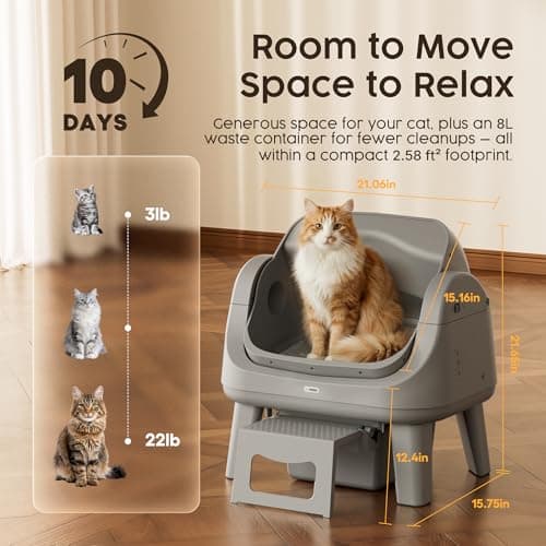 PetPivot Open Top Self Cleaning Cat Litter Box, Automatic Litter Box with 7 Pairs of Safety Sensors, Anti-Pinch Protection and Easy Access Step for Senior Cats, Dark Grey — view 4