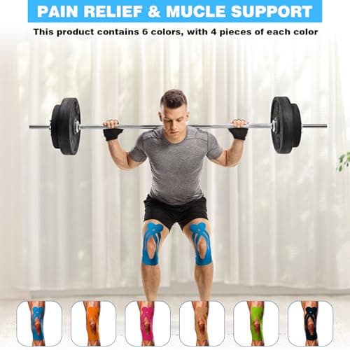24PCS Precut Kinesiology Tape for Knees - Waterproof Knee Support Tape,Cotton Elastic Athletic KT Tape,Pain Relief Muscle Joint Support,6 Colors Easy Apply Precut Strips,4 Per Color — view 3