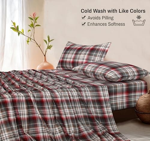 RUVANTI Flannel Sheets Full Size - 100% Cotton Double Brushed Bed Sheets Set, Deep Pockets 16 Inches, All Seasons Breathable & Extra Soft Full Sheets, Warm & Cozy, 4 Piece, Halloween Check — view 6