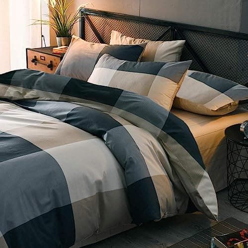 LifeTB Cotton Plaid Duvet Cover Full Size Geometric Grid Checkered Bedding Sets Modern Style 3 Piece Comforter for Men Women with Zipper Ties Full(80''x90'')