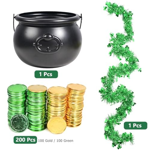 EnriQ 202 Pcs St Patrick's day 8" Black Cauldron Candy Kettle with 200 Lucky Coins for St Patty Decorations St. Patricks Day Party Favor