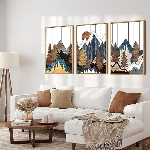 CHDITB Mountain Wall Art Set, Country Woodcut Wall Decor, Rustic Geometric Forest Pictures Artwork, Nature Landscape Wall Decor, National Park Framed Canvas Paintings For Living Room Bedroom 16"x24"X3