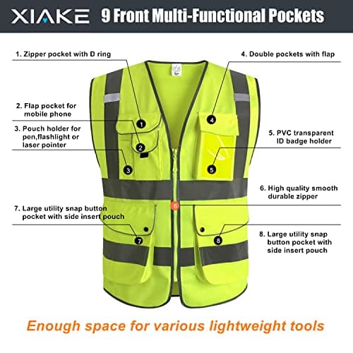 XIAKE 9 Pockets Class 2 High Visibility Reflective Safety Vest for Men Women,Meets ANSI/ISEA Standard(Yellow,Large) — view 4
