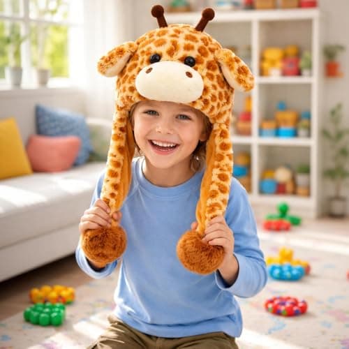 Bubblepompom Giraffe Hat with Ears Moving Jumping Pop Up Beating Hat Plush Earflaps Holiday Cosplay Costume Dress Up Funny Gift for Kids, 22'' — view 3