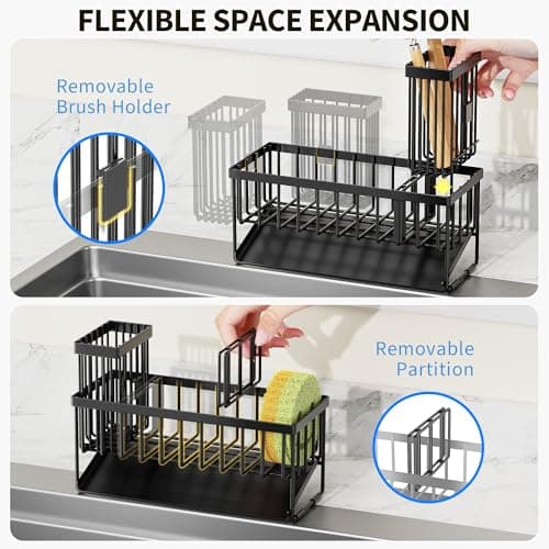 Cisily Sink Caddy Sponge Holder for Kitchen with Brush Holder and Stainless Steel Self Drain Tray, Rustproof Kitchen Sink Organizer for Sponge, Soap Dispenser Storage Accessories — view 2