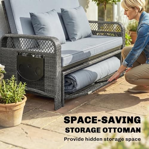 Outsunny 2 Pieces Patio Lounge Chair Set with Cushions, PE Wicker Outdoor Chaise Lounge with Adjustable Backrest, Side Trays and Storage Ottoman, Tanning Chair, Light Grey — view 5