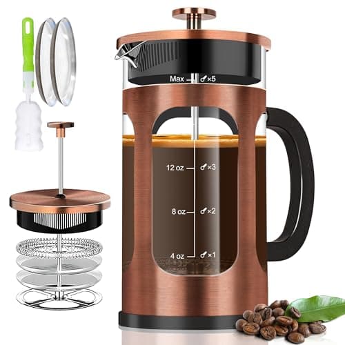 YMMIND French Press Coffee Maker (21oz 600ML 3-4Cup) Coffee Press, with 4 Filters System, Heat Resistant Thickness Borosilicate Glass, Cold Brew Coffee Tea Pot Gifts (Copper)