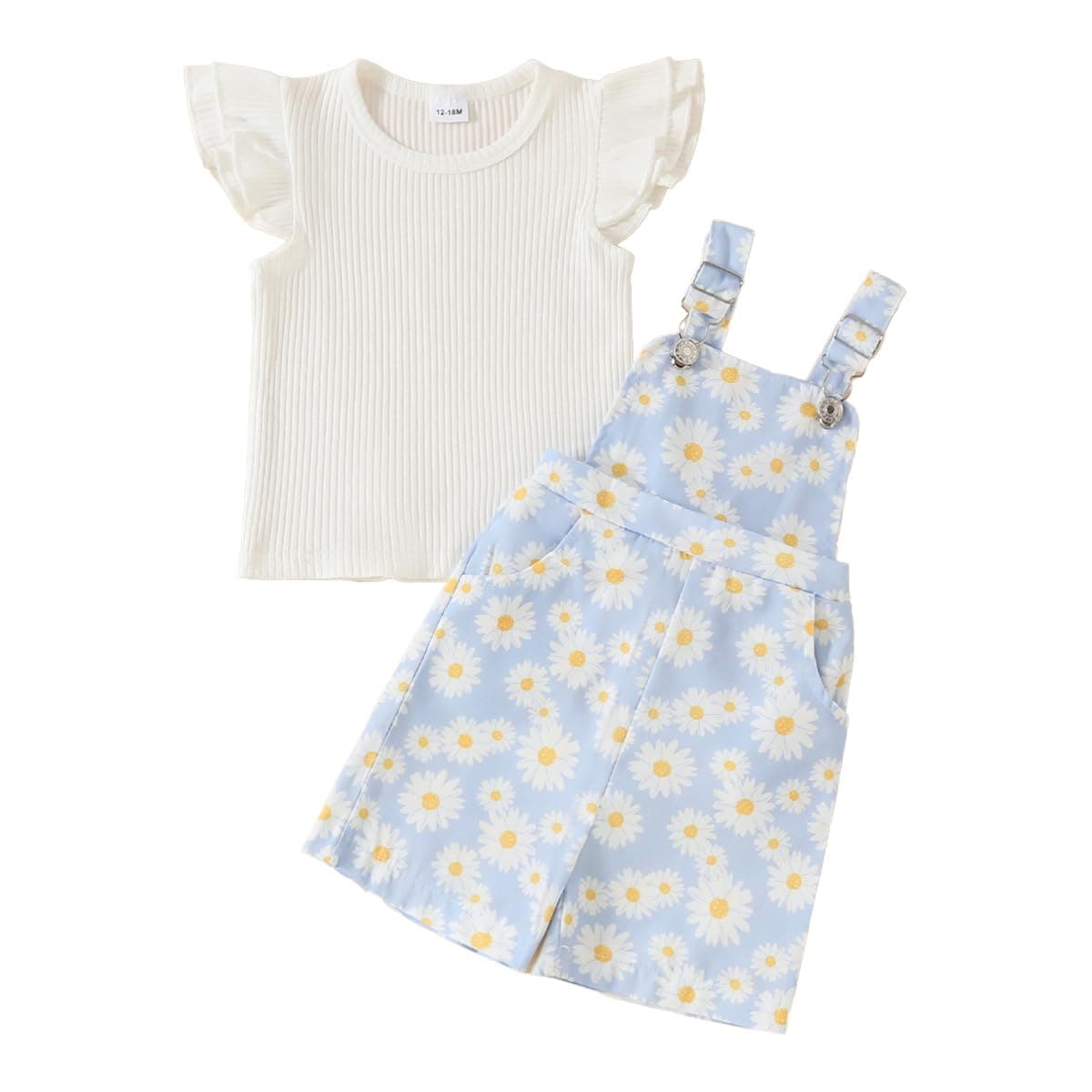 Conjunto Ropa de Verano para Bebé Niña Top de Canalé con Volantes+ Estampado de Margaritas Pantalones Cortos con Peto Bretelles Adorable Infantil Trajes — view 7