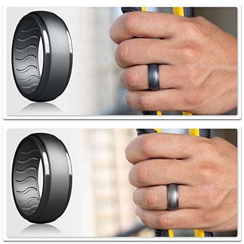 Dookeh Breathable Mens Silicone Wedding Rings, Rubber Ring Bands For Men, Black Blue Camo Engagement Band, Best for Workout, 1-4-7 Pack (W3-Titanium,Dark Gray,Cast Iron,Black, size 11) — view 3