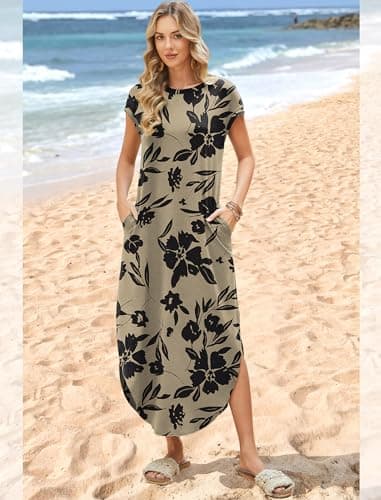 WIHOLL Cap Sleeve Crewneck Tshirts Maxi Dresses for Women 2026 Elegant Classy Floral Dress with Pockets Spring Dresses Work Teacher Outfits Vacation Resort Wear L — view 2