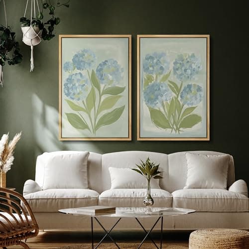 SIGNFORD Framed Canvas Print Wall Art Set Soft Hydrangea Pair Light Blue Florals with Green Leaves Illustration Modern Art Decorative Nature for Living Room, Bedroom, Office - 24"x36"x2 Natural — view 4