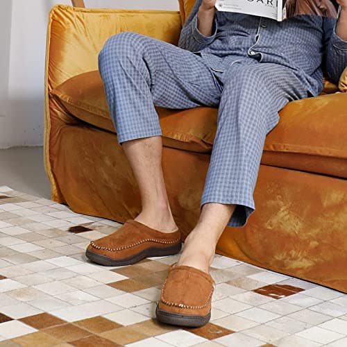 Zigzagger Men's Slip On Moccasin Slippers, Indoor/Outdoor Warm Fuzzy Comfy House Shoes, Fluffy Wide Loafer Slippers, Tan, 9-10 US