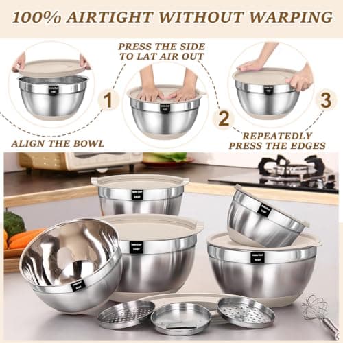 Umite Chef Mixing Bowls with Airtight Lids Set, 8PCS Stainless Steel Nesting Bowls with Grater Attachments, Non-Slip Bottoms, 5, 4, 3.5, 2, 1.5QT for Mixing & Serving — view 6