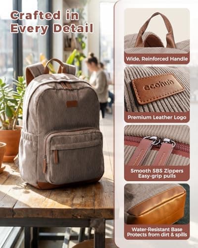 ECOHUB Women's Corduroy Backpack, Khaki Vintage Everyday College Bag — view 5