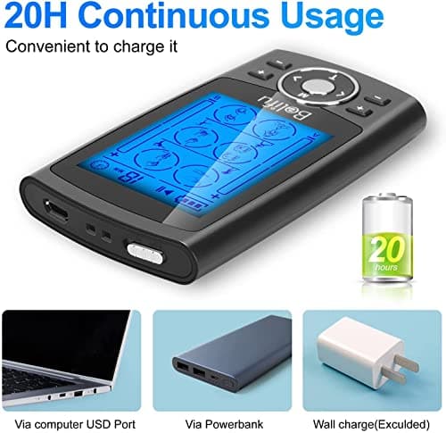 Belifu Dual Channel TENS EMS Unit 24 Modes Muscle Stimulator for Pain Relief Therapy, Electronic Pulse Massager Muscle Massager with 10 Pads, Dust-Proof Drawstring Storage Bag，Fastening Cable Ties — view 3