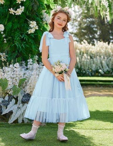 Arshiner Girls Dresses Summer Sleeveless Bow-Tie Straps Birthday Party Long Tulle Dress Light Blue Tween 9-10 Years
