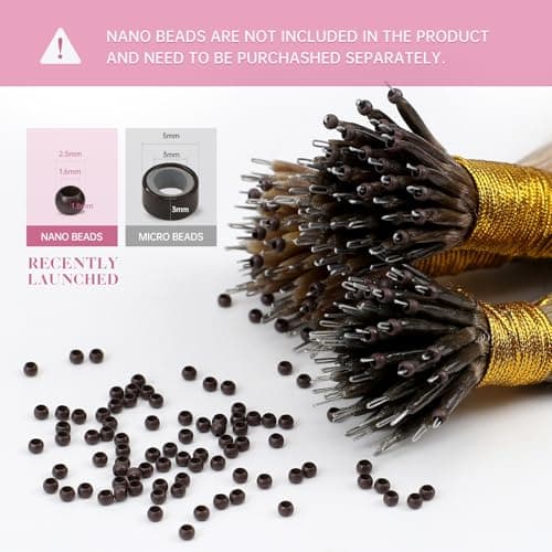 YoungSee Nano Link Hair Extensions Human Hair Dark Brown Highlights Caramel Blonde Nano Ring Human Hair Extensions Cold Fusion Hair Extension Nanobead 16in Invisible Nanoloop Extension 50 Strands 50g — view 3