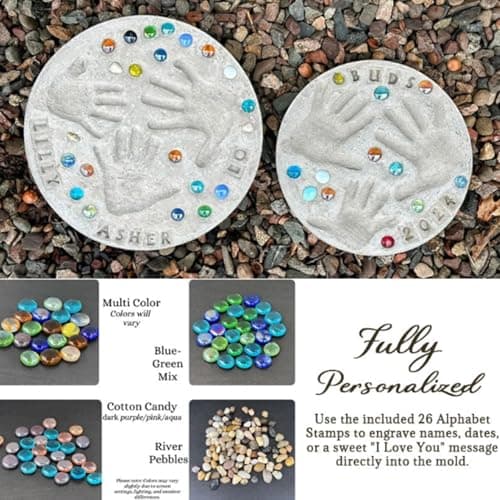 Father's Day DIY Handprint Gift Kit, Large Stepping Stone Kit for DIY Handprint Keepsake, Indoor Outdoor Family Craft Gift with 1 Mold, 26 Letter Stamps & Colored Stones, 12 in Fits 2 Handprints — view 3