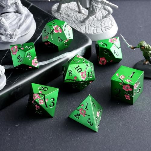 Matt Green Metal Dice Set, DNDND 7 PCS Heavy Metallic D&D Dice Set with Gorgeous Gift Case for Dungeons and Dragon Tabletop Game (Matte Green with Pink Flower) — view 6
