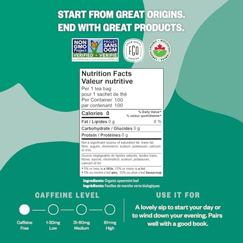 FGO Organic Spearmint Leaf Tea, 100 Count, Eco-Conscious Tea Bags, Resealable Bag, Packaging May Vary (Pack of 1)
