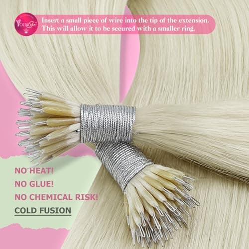 YoungSee Nano Ring Hair Extensions Blonde 20inch Straight Nano Bead Extensions Platinum Blonde Pre Bonded Nano Hair Extensions Human Hair for Party 50 Strands Cold Fusion 50G — view 2