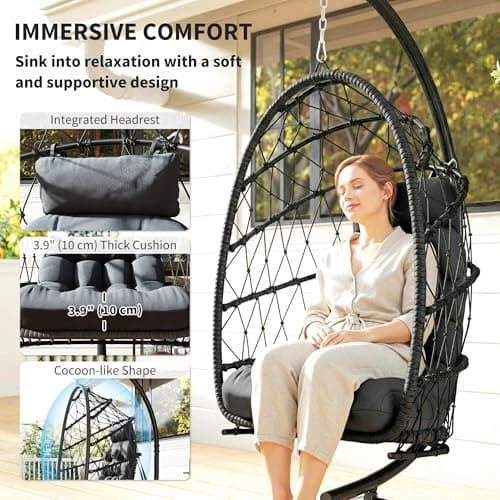 Outsunny Hanging Egg Chair with Stand, Foldable Wicker Rattan Swing Chair with Thick Cushion and Safety Rope for Patio Garden, Supports 264 lbs, Black — view 2