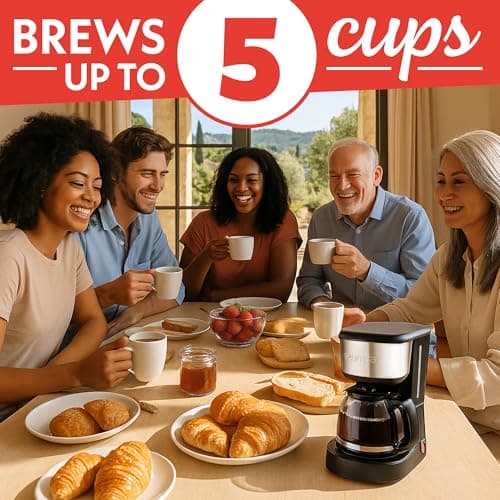Gourmia 5 Cup One-Touch Drip Brew Coffee Maker – Pause and Serve, Automatic Keep Warm, Easy View Water Window, Compact, Stainless Steel Accents, Black