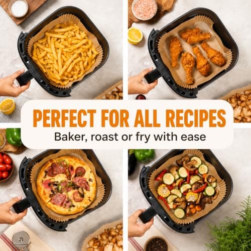 Air Fryer Paper Liners, 125Pcs Air Fryer Disposable Liners, Non-Stick and Oil Proof for Easy Cleanup, 8” Square for 5-8 qt Basket by Baker's Signature — view 5
