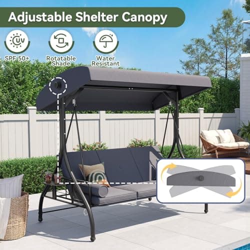 Aoxun Outdoor Porch Swing with Stand and Canopy, 3 Seats Outdoor Swings for Adults, Convertible 2 in 1 Swing Bed with Cup Holder, Patio Swings with Thicken Cushions for Garden, Yard & Balcony, Grey — view 2