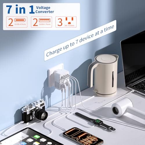 2000W Voltage Converter US to Europe for Hair Dryers, 7-in-1 220V to 110V Converter for European Travel with 3 AC/2 USBA/2 USBC Ports (PD20W), Universal Travel Adapter with Type C G Plug — view 5