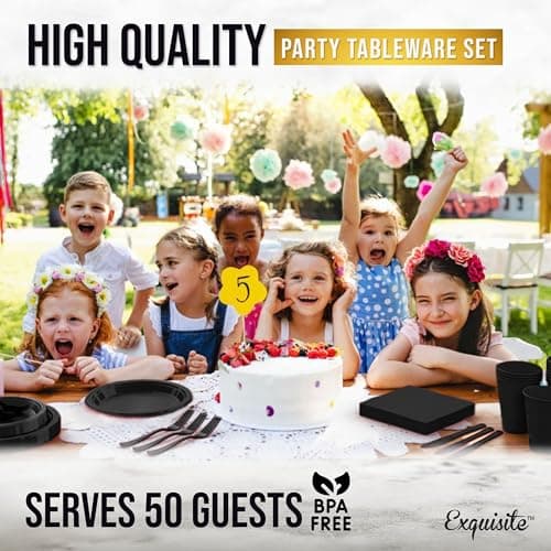 350 Pcs Black Plastic Plates for Party, Black Disposable Plates Set, 50 of Each 9" Dinner Plate Set, 7" Dessert Plate, Cups, Napkins & Cutlery Plastic Dinnerware Set Exquisite — view 5