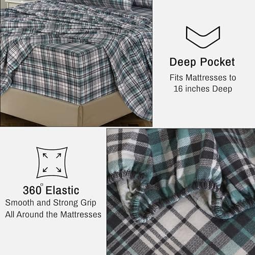 RUVANTI Flannel Sheets Queen Size - 100% Cotton Double Brushed Bed Sheets, Deep Pockets 16 Inches Queen Sheet Set, All Seasons Breathable & Extra Soft - Warm & Cozy, 4 Piece, Mint Grey — view 4
