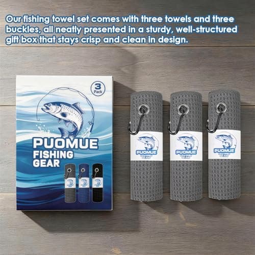 Puomue 3 Pack Microfiber Fishing Towels with Clip, 16" X 16", Waffle Pattern for Effective Cleaning of Fishing Gears or Dirty Hands, Perfect for Camping Towels and Hiking Towles (Grey, 16"X16") — view 2