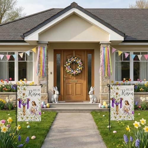 SMBLCE He Is Risen Easter Garden Flag 12x18 Inch Double Sided Outside flag, Jesus, Lamb, Cross, Bouquet of Lilies Yard Outdoor Easter Holiday Decoration — view 4
