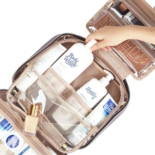 NISHEL Travel Toiletry Bag for women, Portable Hanging Organizer for Full-Sized Shampoo, Conditioner, Brushes Set, Makeup Accessories, Large Size, Purple — view 4