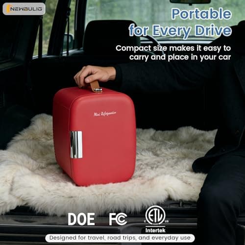 NEWBULIG Mini Fridge for Bedroom, Office & Car, Portable 4L/4.23QT Mini Refrigerator for Skincare with Handle, Ultra-Quiet Energy-Saving Compact Cooler for Drinks, Food, Skincare & Makeup, 12V AC/DC — view 3